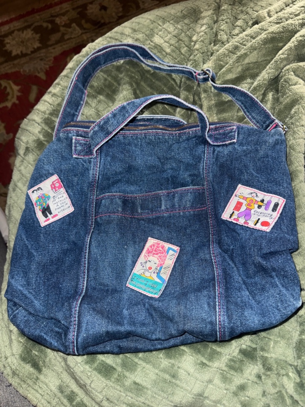 Vintage 80s Comic Patch Denim Tote Bag - Retro Pink Stitching"